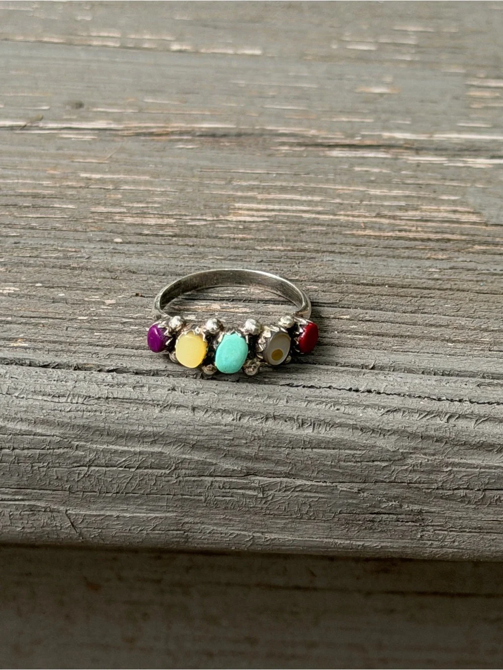 Sterling Silver 925 Multi Gemstone Ring Turquoise, Yellow, Purple, Red, Abalone